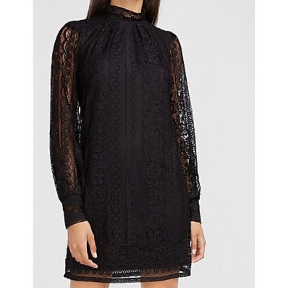 Express Women’s Black Long Sleeve High Neck Lace Dress Size M
